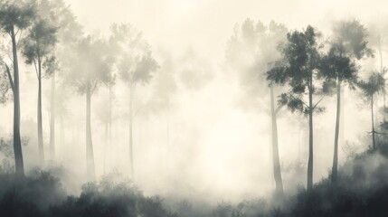 Tall trees stand silhouetted against a misty, light-filled forest background.