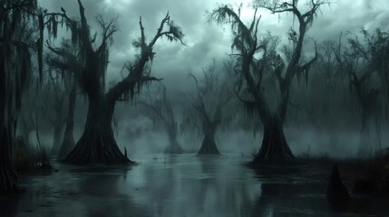 Tall trees with hanging moss stand in a swampy lake with fog.