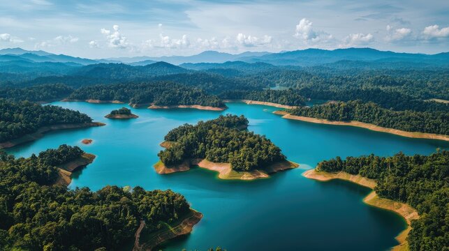 Top view of the terraced hills and deep blue waters of Lake Kenyir, surrounded by lush forests.