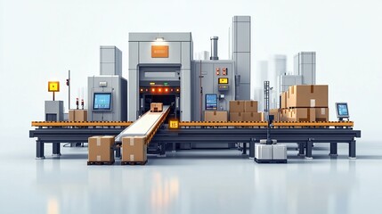 Automated Logistics Hub: A 3D rendering of a futuristic warehouse with robotic arms sorting and transporting packages on conveyor belts, illustrating the efficiency of modern supply chains.