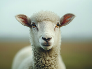 Fototapeta premium A pure white lamb stands alone, casting a long shadow. The serene landscape conveys innocence and vulnerability. Christian and Islamic references evoke spirituality and tension.