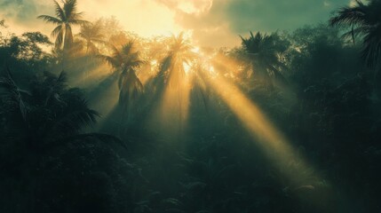 Sunbeams burst through the canopy of a lush tropical forest, illuminating the palm trees and creating a sense of mystery and wonder.