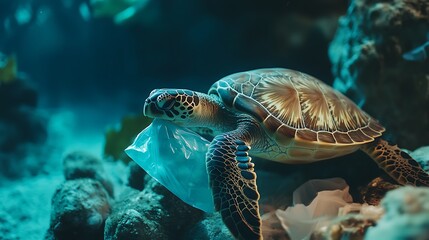Obraz premium Sea Turtle Caught in Plastic Bag Pollution
