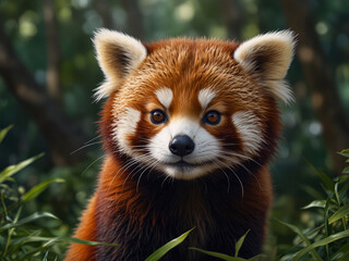 Naklejka premium A close-up of an adorable red panda with soft, fluffy fur, its round eyes and gentle expression captured in intricate detail