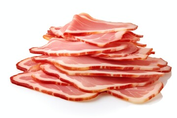 Obraz premium Sliced bacon isolated on white background, falling ham strips 