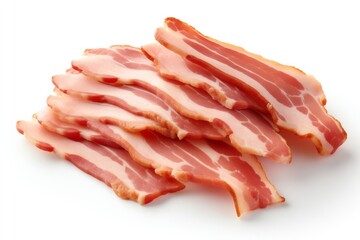 Obraz premium Sliced bacon isolated on white background, falling ham strips 