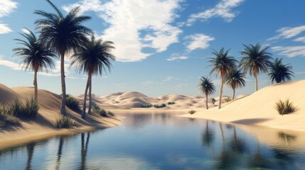 Tranquil Oasis in the Desert with Palm Trees, Blue Sky, and a Still Pond.