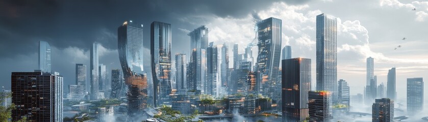 Obraz premium Futuristic Cityscape with Modern Skyscrapers and Green Spaces Under a Cloudy Sky