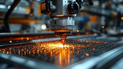 Industrial Laser Cutting: Precision and Power: A close-up view of a laser cutting machine in action, sparks flying as it precisely cuts through metal. The image evokes themes of innovation, technology