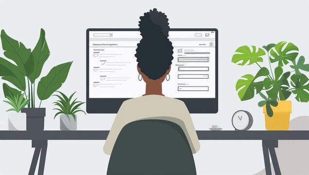 Person sitting at a desk,Surrounded by plants on either side, this setup represents the use of online forms for efficient task management and digital data entry in a serene workspace.