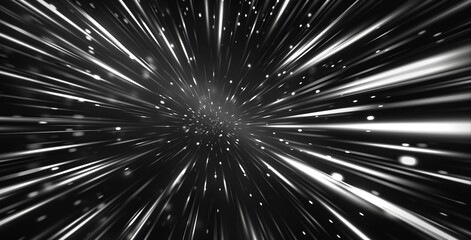 Abstract black background with white rays of light, featuring high-speed blur lines and a space effect. Black and silver color scheme evokes futuristic and interstellar themes