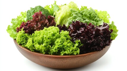 a bowl of mixed lettuce leaves, salad preparation, colorful and fresh, isolated on white background
