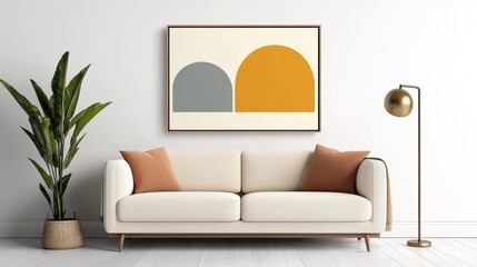 Modern leather sofa in a contemporary living room with 3D wall decor