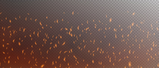Sparks fly as embers burn. Flames with sparks on a black background. Flame PNG. Fire spark overlay with smoke and flame. Grill heat glow. Flying orange sparkle. Hell bonfire. © David