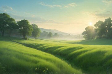 Obraz premium Sunrise over misty green field