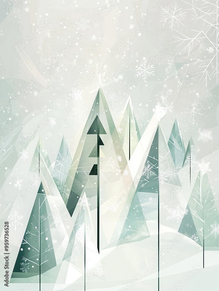 Poster beautiful winter forest with abstract geometric christmas trees of various sizes, creating a serene 