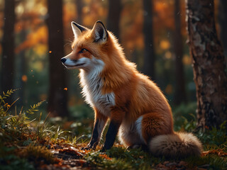 Fototapeta premium A detailed, close-up shot of a cute, curious fox with a bushy tail and soft, fiery fur, set against a blurred, autumnal forest background, creating a warm and inviting aesthetic