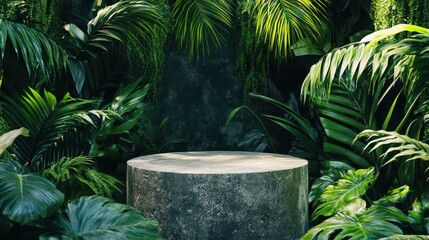 Lush Tropical Jungle with Stone Pedestal Surrounded by Vibrant Green Foliage and Hanging Vines