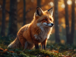 Fototapeta premium A detailed, close-up shot of a cute, curious fox with a bushy tail and soft, fiery fur, set against a blurred, autumnal forest background, creating a warm and inviting aesthetic