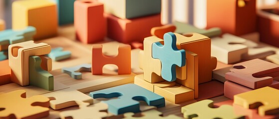 Colorful puzzle pieces scattered together, showcasing creativity, problem-solving, and fun in a vibrant arrangement.