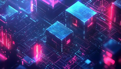 Abstract Futuristic Circuitry with Glowing Blue and Pink Cubes