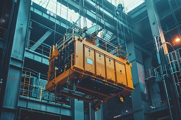 Industrial Lift System in Action: A Heavy-Duty Yellow Platform Suspended in a Modern Facility