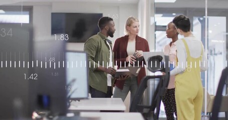 Financial data processing animation over diverse business team discussing in office - Powered by Adobe