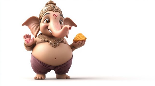 A 3D cartoon of Lord Ganesha, with an elephant head and a potbelly, holding a sweet modak and a broken tusk, smiling benevolently, on a white background 