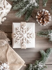 Fototapeta premium Cadeau décoré avec flocon de neige et branches de sapin