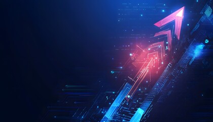 Abstract digital art featuring a glowing red arrow rising on a blue and purple background