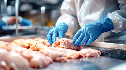 A worker donning blue plastic gloves meticulously cuts chicken carcasses in a factory setting, highlighting the intricate meat production process