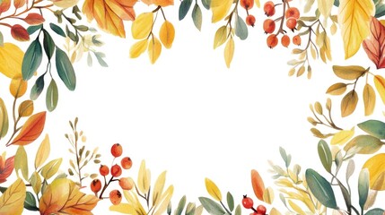 Watercolor autumn floral frame with yellow, orange and green leaves and berries isolated on white background.