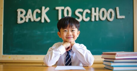 Excited Asian Schoolboy Posing Playfully in Front of 'Back to School' Chalkboard