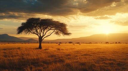Fototapeta premium A lone acacia tree stands tall in the African savanna at sunset, its silhouette outlined against a vibrant sky.