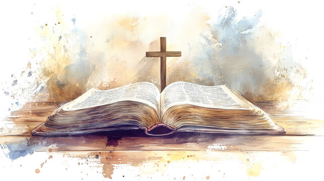 An open Bible sits on a wooden table, adorned by a cross, surrounded by soft colors, light, and watercolor splashes capturing a moment of peace and reflection