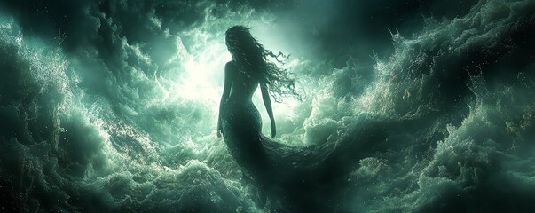 A mystical figure emerges from swirling clouds, embodying ethereal beauty and enchanting mystery in a dreamlike atmosphere.