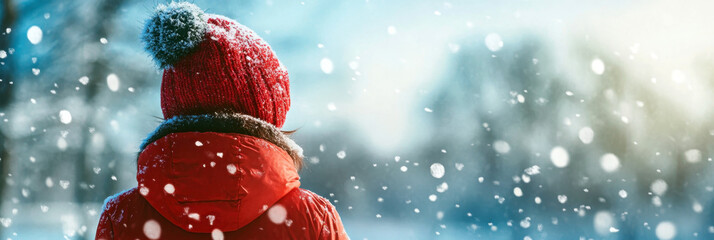Child among snow-covered trees. World Snow Day. Horizontal banner. Free space for text. Boy or girl in winter forest. Winter sports and snow activities concept