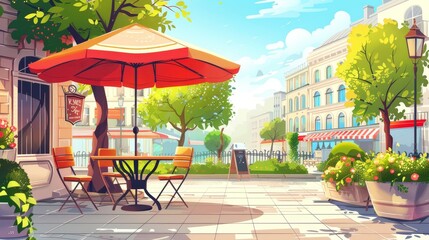 Outdoor street cafe in summer park area cartoon illustration outside restaurant area with table chair and umbrella exterior with city building landscape urban bistro coffeehouse on sidewalk design