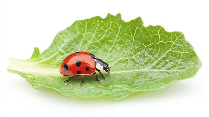 Obraz premium a lettuce leaf with a small ladybug, nature interaction, realistic details, isolated on white background