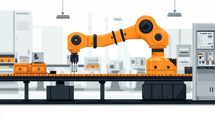 Automated Precision in Action: An orange robotic arm precisely assembles components on a factory production line. 