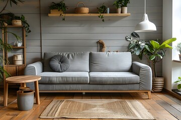 Obraz premium Cozy Living Room with Stylish Sofa and Greenery