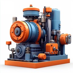 Industrial Powerhouse: A meticulously detailed 3D rendering of a heavy-duty engine, showcasing its intricate mechanics and vibrant orange and blue color scheme.
