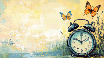Vintage postcard. Daylight saving time. Alarm clock surrounded by butterflies on a light background. Copy space. Watercolor illustration with retro clock and green plants. Winter time changeover