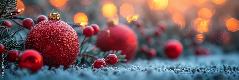 Wall mural Close-up of red Christmas baubles and berries on snow with bokeh lights in the background. A cozy and festive atmosphere for Christmas and New Year celebrations, creating warmth and joy