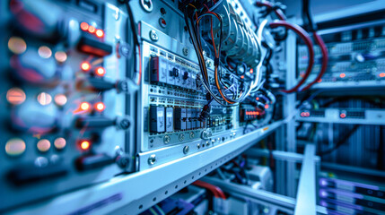 An empty control cabinet reveals complex wiring and electronic components in a stunning array of vivid colors and blue tones, showcasing modern electrical design