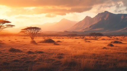 A scenic view of a savanna landscape with acacia trees and a mountain range in the background during a golden sunset.