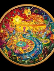 Naklejka premium A colorful, circular painting with a winding path leading to a bright sun, filled with various objects and characters.