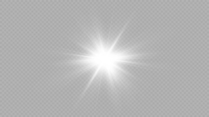 White glowing light explodes on a transparent background. with ray. Transparent shining sun, bright flash. Special lens flare light effect.