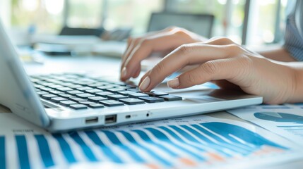 Close up businesswoman hand using calculator and working with laptop to calculate about finance accounting, market report with business document on office table