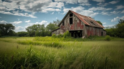 A weathered red barn stands tall in a lush green field under a bright blue sky. The rustic structure, with its peeling paint and missing boards, is a testament to time, surrounded by tall grasses and
